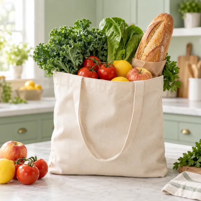 A grocery tote filled with fresh vegetables, fruit and bread